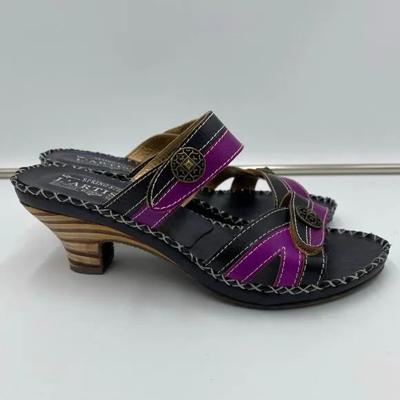 L'artiste Spring Steps Purple &amp; Black Exotic Leather Slip On Heel Sandals Sz 39