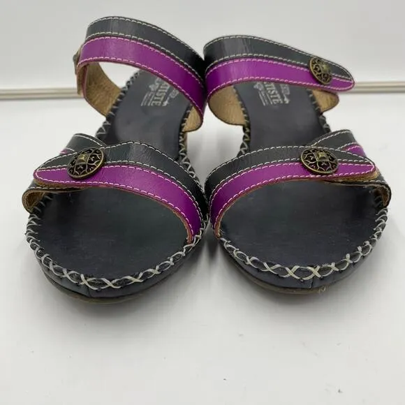 L'artiste Spring Steps Purple &amp; Black Exotic Leather Slip On Heel Sandals Sz 39