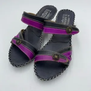 L'artiste Spring Steps Purple &amp; Black Exotic Leather Slip On Heel Sandals Sz 39
