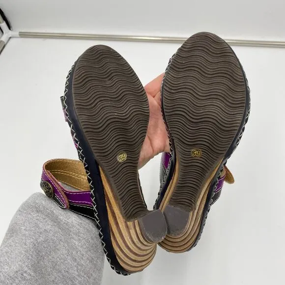 L'artiste Spring Steps Purple &amp; Black Exotic Leather Slip On Heel Sandals Sz 39