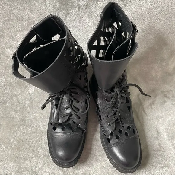 Laser Cut Out Faux Leather Lace Up Combat Boots EU Size 42 (Women's US 10)