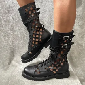 Laser Cut Out Faux Leather Lace Up Combat Boots EU Size 42 (Women's US 10)