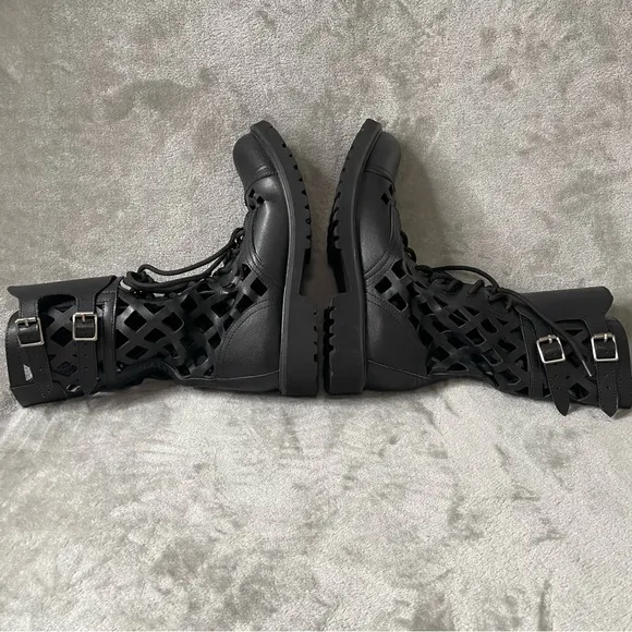 Laser Cut Out Faux Leather Lace Up Combat Boots EU Size 42 (Women's US 10)