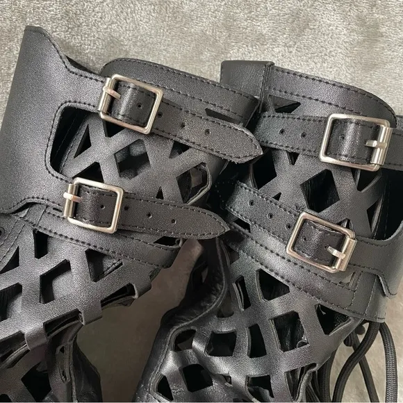 Laser Cut Out Faux Leather Lace Up Combat Boots EU Size 42 (Women's US 10)