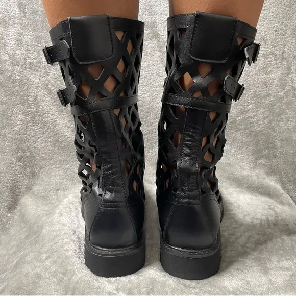 Laser Cut Out Faux Leather Lace Up Combat Boots EU Size 42 (Women's US 10)