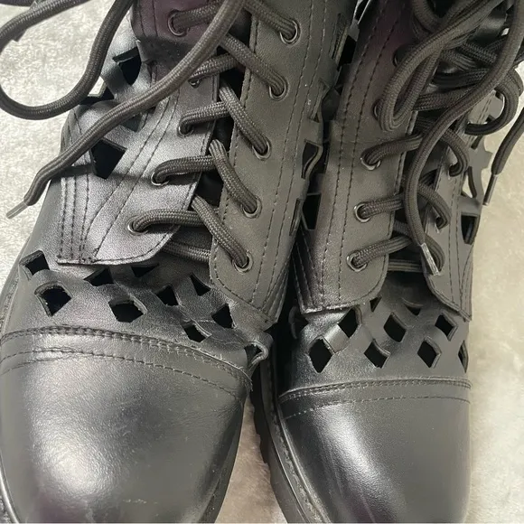Laser Cut Out Faux Leather Lace Up Combat Boots EU Size 42 (Women's US 10)