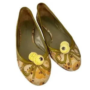 Laura Brandon Anthropologie Women’s Canvas Yellow Sage Pom Pom Ballet Flats 7