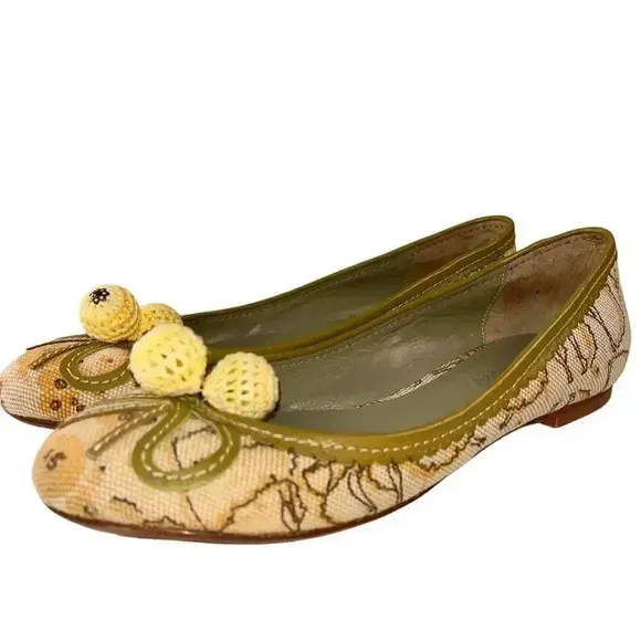Laura Brandon Anthropologie Women’s Canvas Yellow Sage Pom Pom Ballet Flats 7