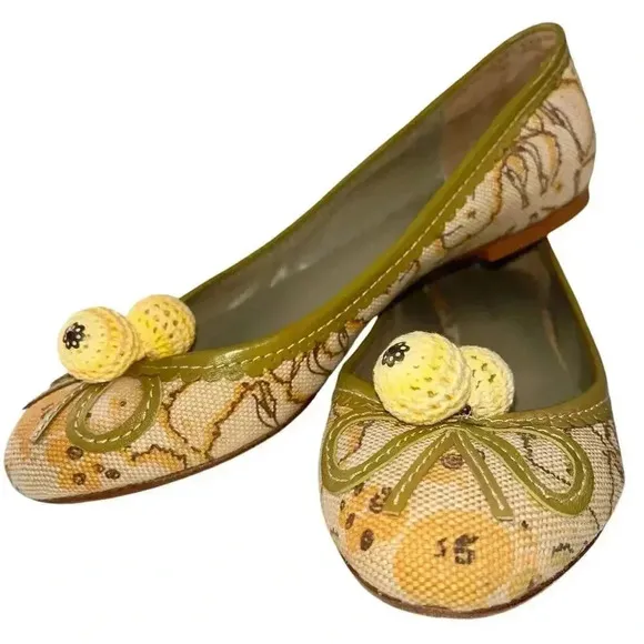 Laura Brandon Anthropologie Women’s Canvas Yellow Sage Pom Pom Ballet Flats 7