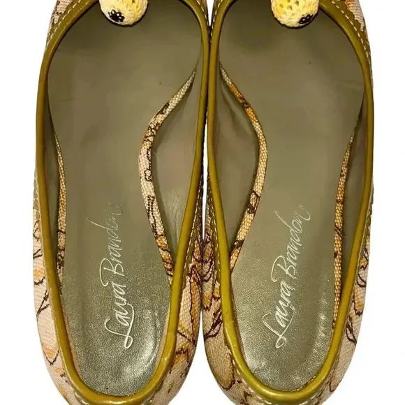 Laura Brandon Anthropologie Women’s Canvas Yellow Sage Pom Pom Ballet Flats 7