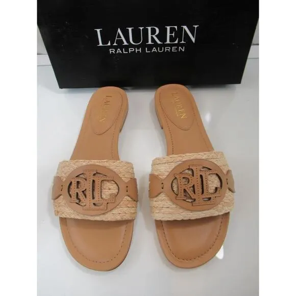 Lauren Ralph Lauren Alegra Raffia Leather Slide Sandals Natural / Buff Size 7