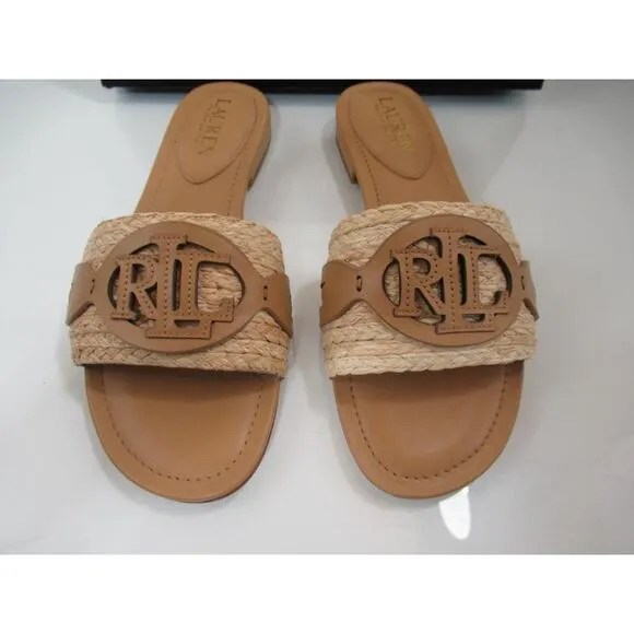 Lauren Ralph Lauren Alegra Raffia Leather Slide Sandals Natural / Buff Size 7
