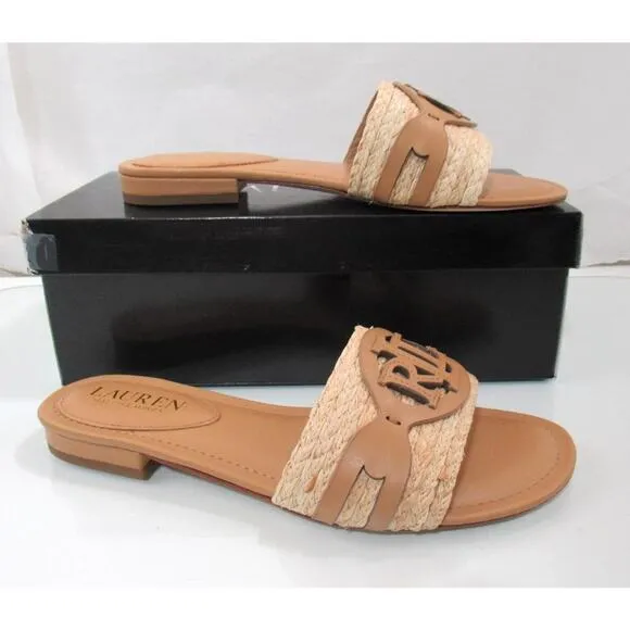 Lauren Ralph Lauren Alegra Raffia Leather Slide Sandals Natural / Buff Size 7