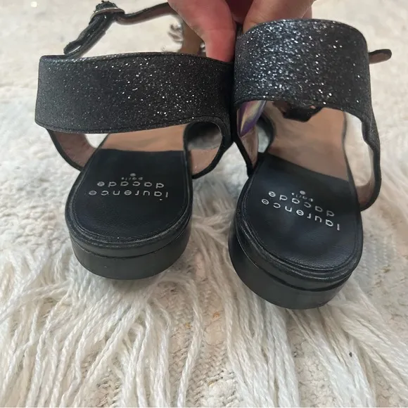 Laurence Dacade T Strap black leather/glitter and metal flower sandals