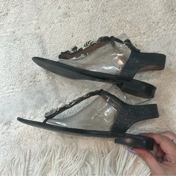 Laurence Dacade T Strap black leather/glitter and metal flower sandals