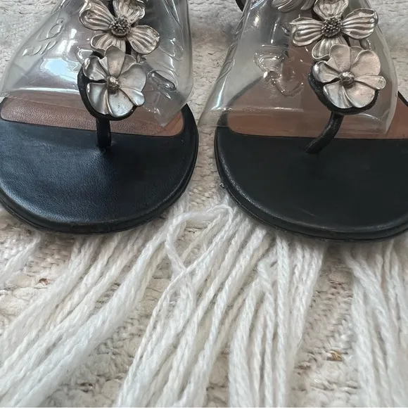 Laurence Dacade T Strap black leather/glitter and metal flower sandals