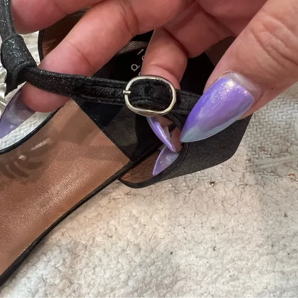 Laurence Dacade T Strap black leather/glitter and metal flower sandals