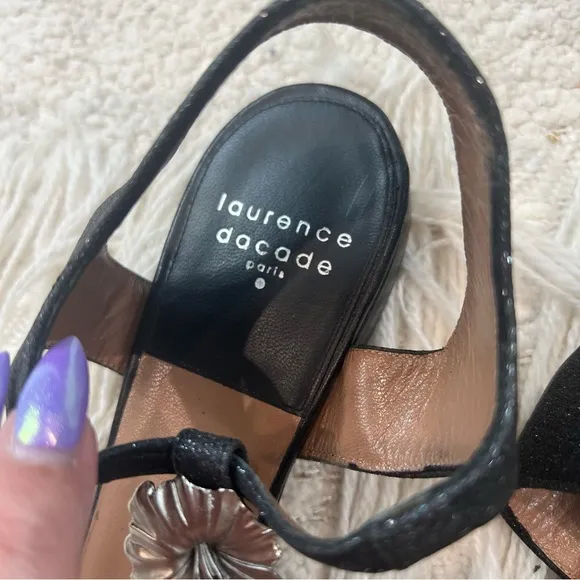 Laurence Dacade T Strap black leather/glitter and metal flower sandals