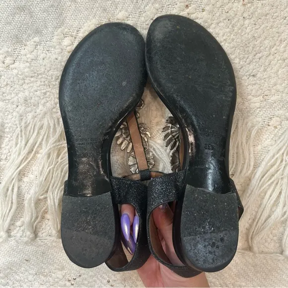 Laurence Dacade T Strap black leather/glitter and metal flower sandals