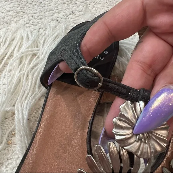 Laurence Dacade T Strap black leather/glitter and metal flower sandals