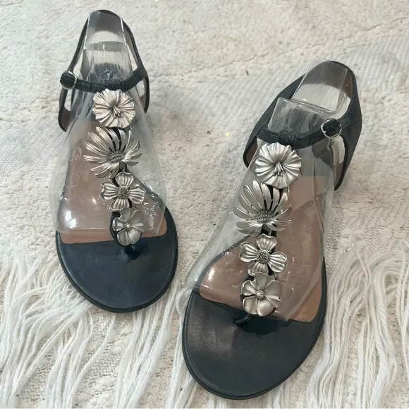 Laurence Dacade T Strap black leather/glitter and metal flower sandals