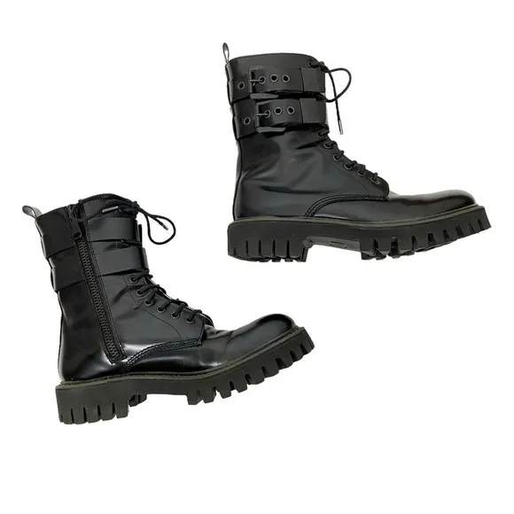 Le Qarant Combat Moto Boots Lace Up Buckle Italian