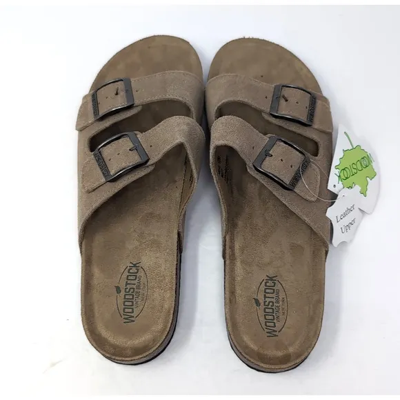 Leather Slip On Double Strap Cork Sandals Shoes Mens 12 Brown Woodstock NEW NWOB