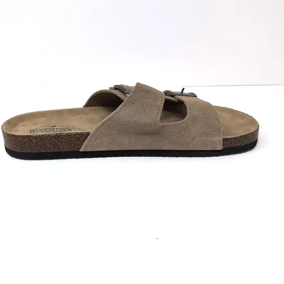Leather Slip On Double Strap Cork Sandals Shoes Mens 12 Brown Woodstock NEW NWOB