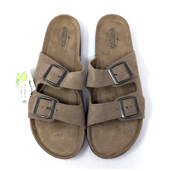Leather Slip On Double Strap Cork Sandals Shoes Mens 12 Brown Woodstock NEW NWOB