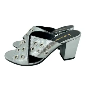Lemare  Metallic Pewter Cross Grommet Block Heel Sandals Shoes 41 EU 10.5 US NIB