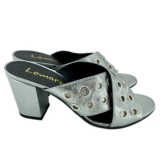 Lemare  Metallic Pewter Cross Grommet Block Heel Sandals Shoes 41 EU 10.5 US NIB