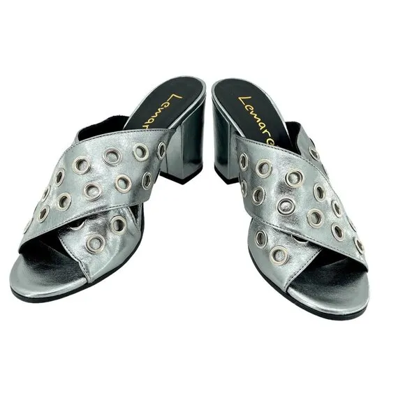 Lemare  Metallic Pewter Cross Grommet Block Heel Sandals Shoes 41 EU 10.5 US NIB