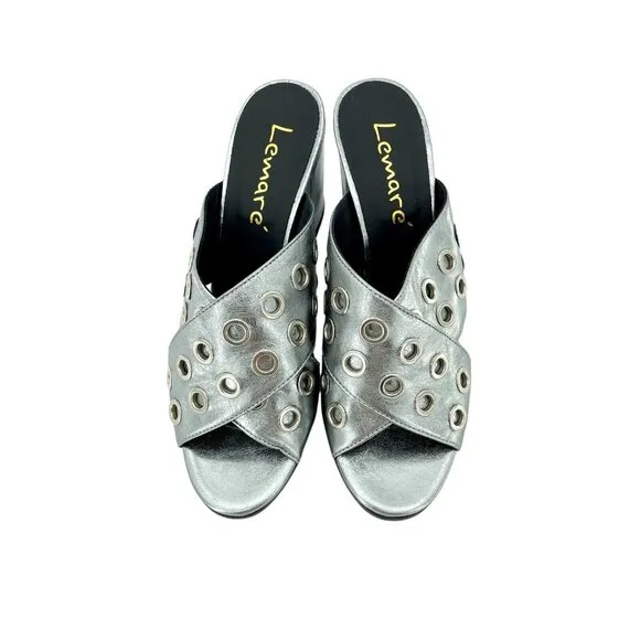 Lemare  Metallic Pewter Cross Grommet Block Heel Sandals Shoes 41 EU 10.5 US NIB