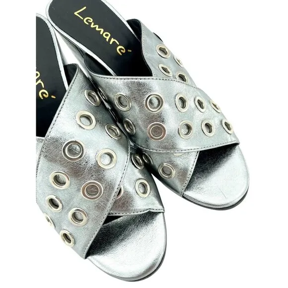 Lemare  Metallic Pewter Cross Grommet Block Heel Sandals Shoes 41 EU 10.5 US NIB