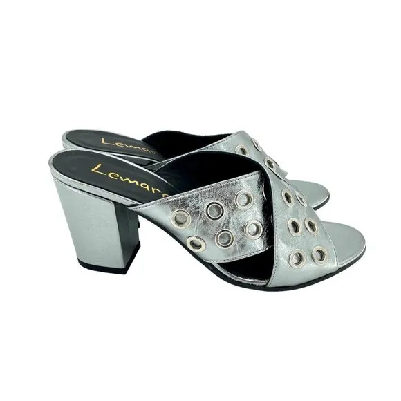 Lemare  Metallic Pewter Cross Grommet Block Heel Sandals Shoes 41 EU 10.5 US NIB