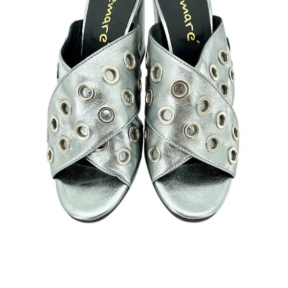 Lemare  Metallic Pewter Cross Grommet Block Heel Sandals Shoes 41 EU 10.5 US NIB