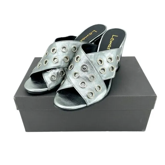Lemare  Metallic Pewter Cross Grommet Block Heel Sandals Shoes 41 EU 10.5 US NIB