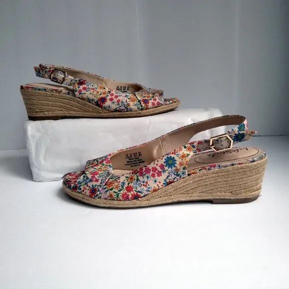Lifestride 'Socialite' Floral Peeptoe Slingback Rope Wedge Espadrilles As New9.5