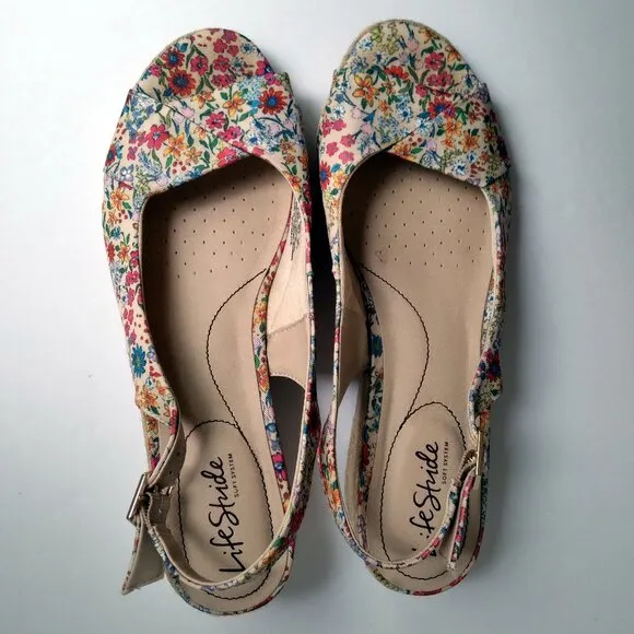 Lifestride 'Socialite' Floral Peeptoe Slingback Rope Wedge Espadrilles As New9.5