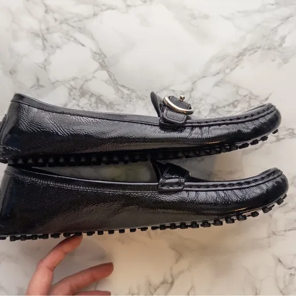 Like New Gucci Sachelin Black Patent Leather Interlocking Silver Tone GG Driving