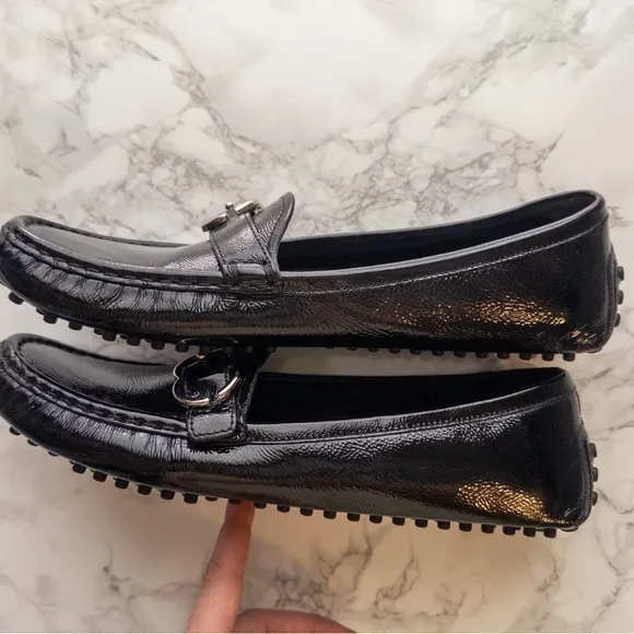 Like New Gucci Sachelin Black Patent Leather Interlocking Silver Tone GG Driving