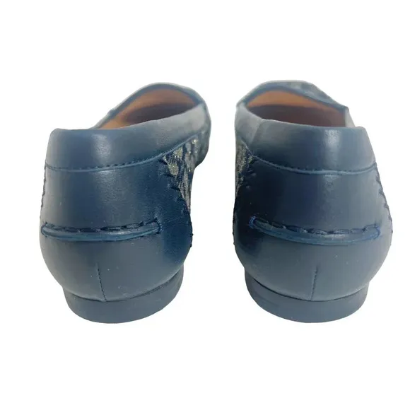 Like New Stuart Weitzman Blue Leather and Gold Glitter Loafer Flats Size 8.5