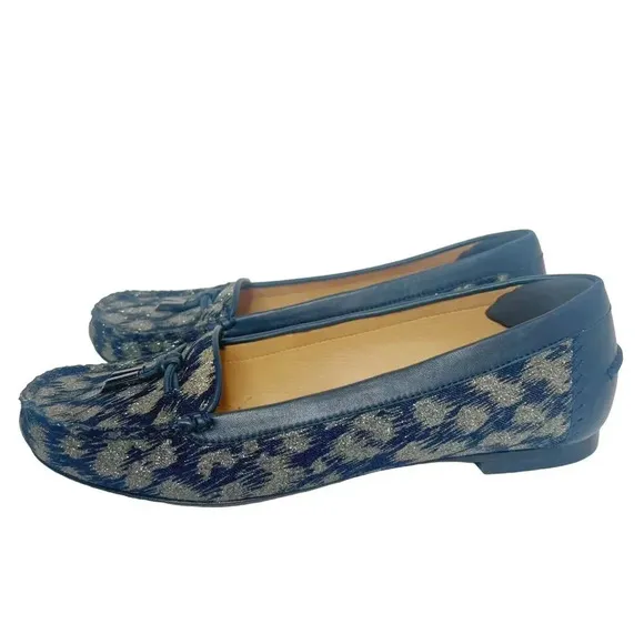 Like New Stuart Weitzman Blue Leather and Gold Glitter Loafer Flats Size 8.5