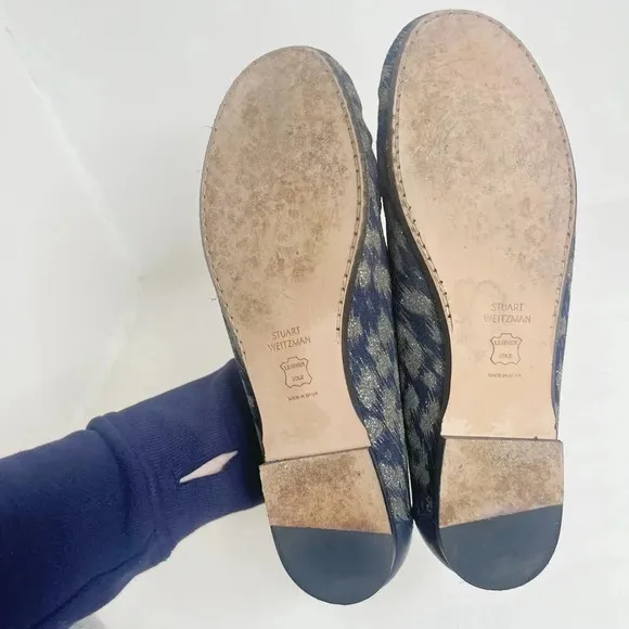 Like New Stuart Weitzman Blue Leather and Gold Glitter Loafer Flats Size 8.5