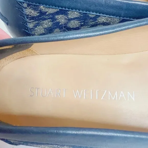 Like New Stuart Weitzman Blue Leather and Gold Glitter Loafer Flats Size 8.5