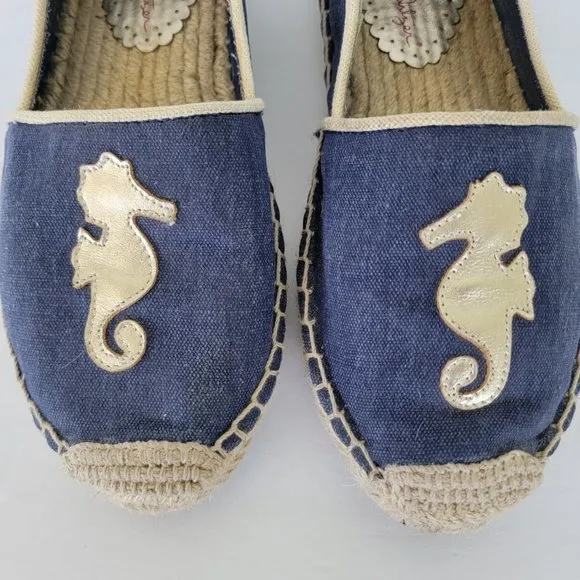 Lilly Pulitzer Lia‎ Seahorse Espadrilles Flat Shoes Blue Gold Size 9