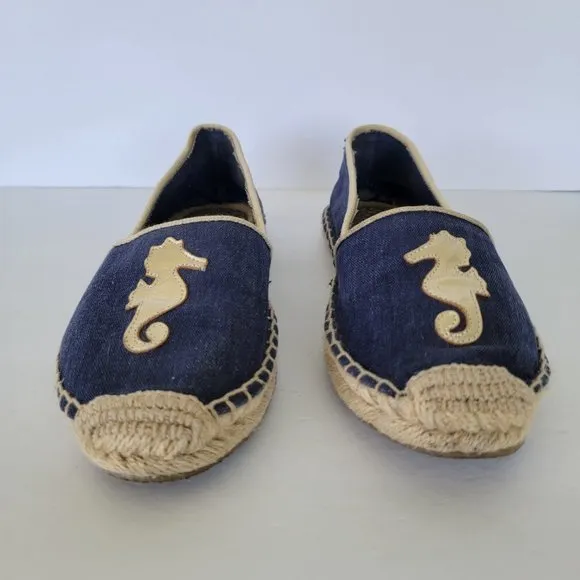 Lilly Pulitzer Lia‎ Seahorse Espadrilles Flat Shoes Blue Gold Size 9