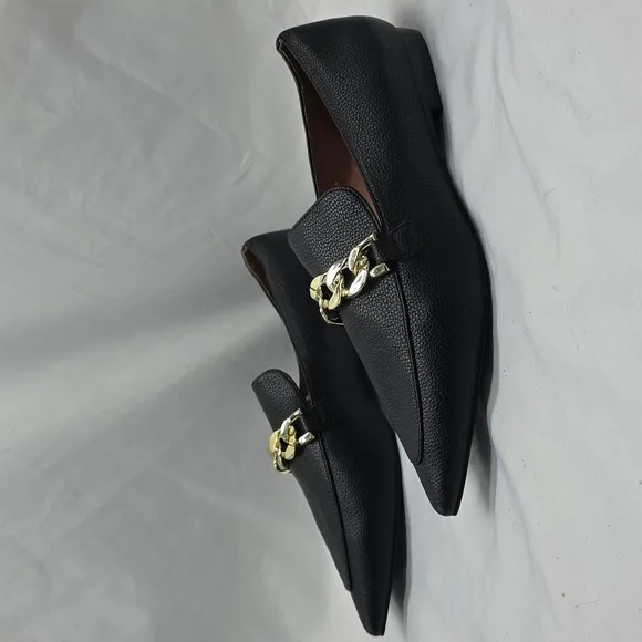 Linea Paolo Horse Bit Gold Chain Pointy Toe Women's Black Leather Flats Size 8