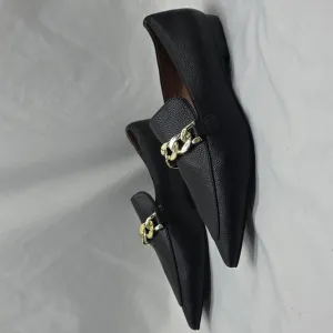 Linea Paolo Horse Bit Gold Chain Pointy Toe Women's Black Leather Flats Size 8