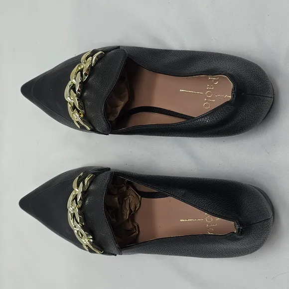 Linea Paolo Horse Bit Gold Chain Pointy Toe Women's Black Leather Flats Size 8